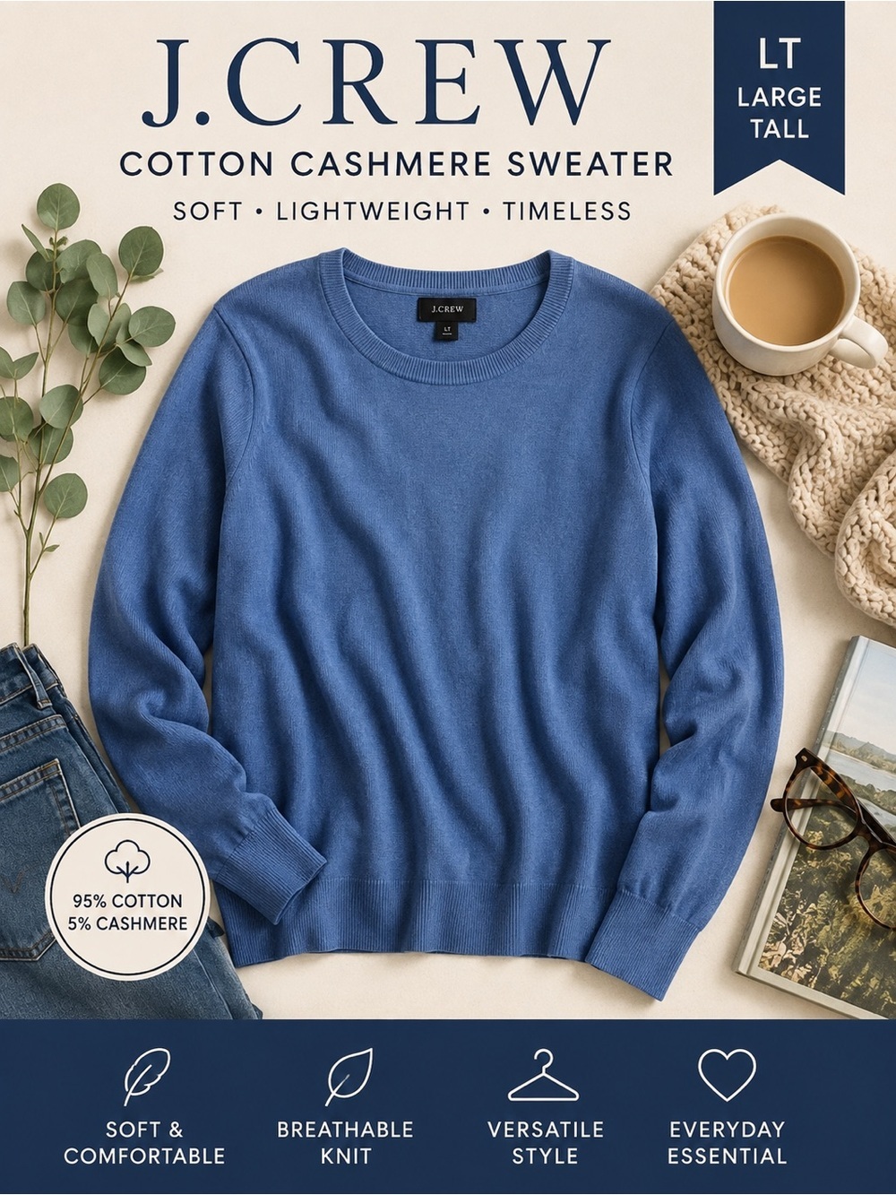 J. Crew Men's Vibrant Blue Crewneck Sweater Cotton/Cashmere Large Tall